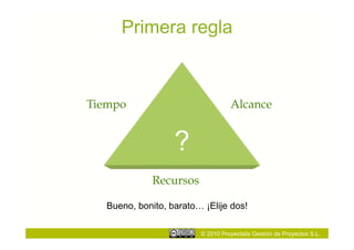 Primera regla



Tiempo                             Alcance


                   ?
              Recursos

   Bueno, bonito, barato… ¡Elije dos!

                         © 2010 Proyectalis Gestión de Proyectos S.L.
 