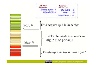 Min. V   Esto seguro que lo hacemos


            Probablemente acabemos en
            algún sitio por aquí
Max. V


         ¿Te estás quedando conmigo o qué?

                  © 2010 Proyectalis Gestión de Proyectos S.L.
 