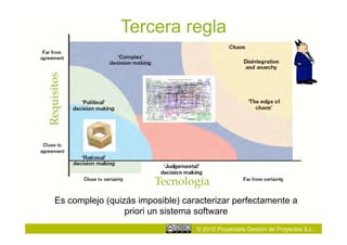 Tercera regla
Requisitos




                             Tecnología
     Es complejo (quizás imposible) caracterizar perfectamente a
                      priori un sistema software
                                       © 2010 Proyectalis Gestión de Proyectos S.L.
 