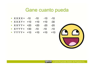 Gane cuanto pueda
    XXXX=   -10   -10    -10   -10
    XXXY=   +10   +10   +10    -30
    XXYY=   +20   +20    -20   -20
    XYYY=   +30   -10   -10    -10
    YYYY=   +10   +10   +10    +10




                                 © 2010 Proyectalis Gestión de Proyectos S.L.
 