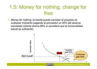 1.5: Money for nothing, change for
                free
  Money for nothing: el cliente puede cancelar el proyecto en
   cualquier momento pagando al proveedor un 20% del alcance
   cancelado (cliente ahorra 80% si considera que la funcionalidad
   actual es suficiente)




                                         © 2010 Proyectalis Gestión de Proyectos S.L.
 