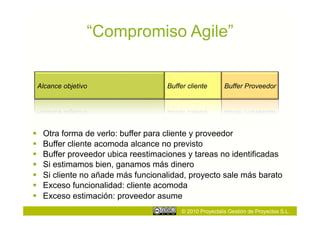 “Compromiso Agile”


 Alcance objetivo                    Buffer cliente        Buffer Proveedor




    Otra forma de verlo: buffer para cliente y proveedor
    Buffer cliente acomoda alcance no previsto
    Buffer proveedor ubica reestimaciones y tareas no identificadas
    Si estimamos bien, ganamos más dinero
    Si cliente no añade más funcionalidad, proyecto sale más barato
    Exceso funcionalidad: cliente acomoda
    Exceso estimación: proveedor asume
                                          © 2010 Proyectalis Gestión de Proyectos S.L.
 