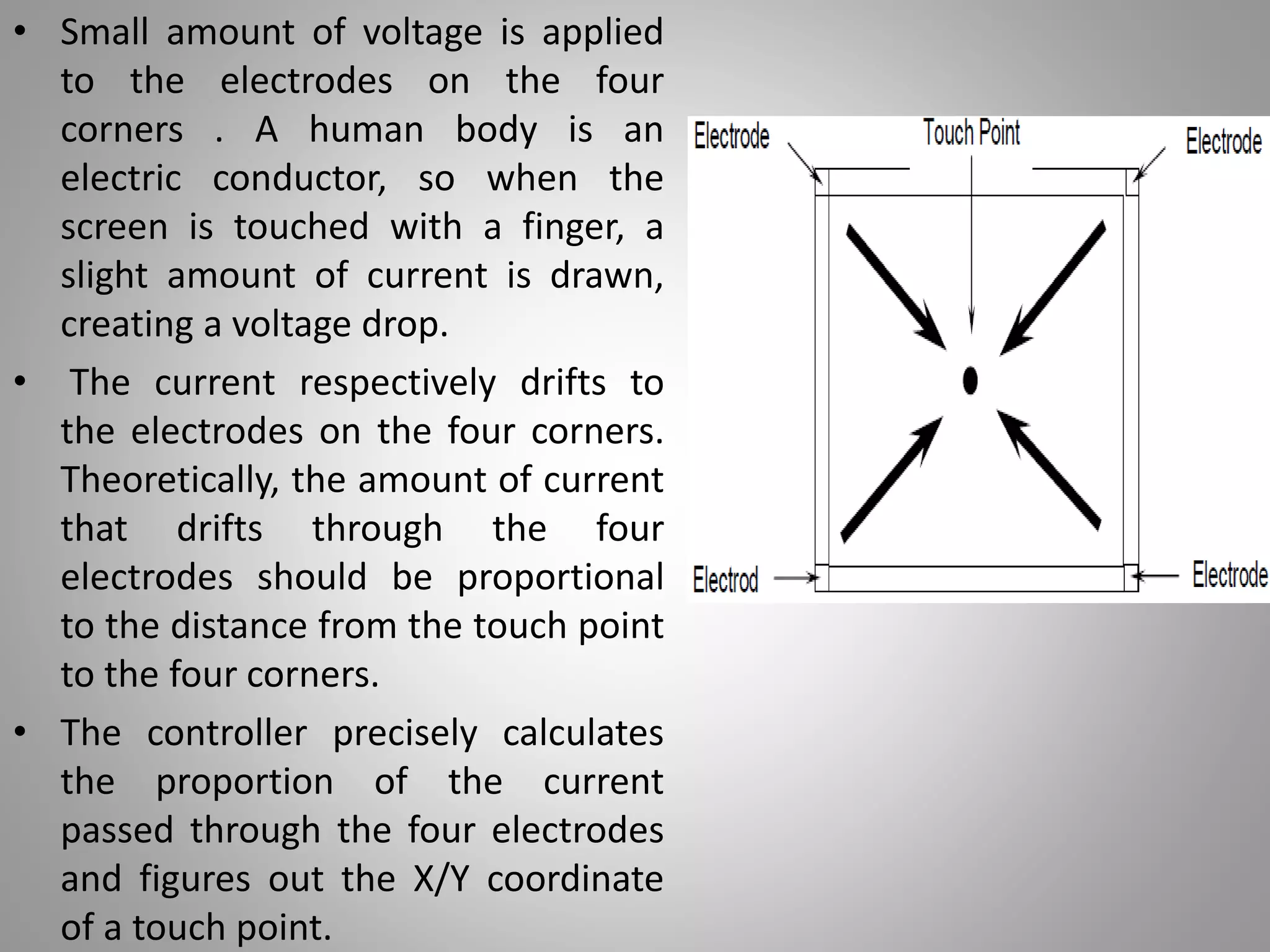 • Small amount of voltage is applied
to the electrodes on the four
corners . A human body is an
electric conductor, so when the
screen is touched with a finger, a
slight amount of current is drawn,
creating a voltage drop.
• The current respectively drifts to
the electrodes on the four corners.
Theoretically, the amount of current
that drifts through the four
electrodes should be proportional
to the distance from the touch point
to the four corners.
• The controller precisely calculates
the proportion of the current
passed through the four electrodes
and figures out the X/Y coordinate
of a touch point.
 