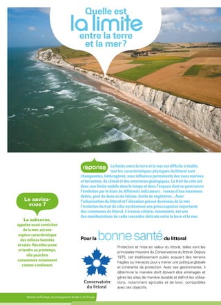 Ministère de l'Écologie, du Développement durable et de l'Énergie
Protection et mise en valeur du littoral, telles sont les
principales missions du Conservatoire du littoral. Depuis
1975, cet établissement public acquiert des terrains
fragiles ou menacés pour y mener une politique globale
et cohérente de protection. Avec ses gestionnaires, il
détermine la manière dont doivent être aménagés et
gérés les sites de manière durable et définit les utilisa-
tions, notamment agricoles et de loisir, compatibles
avec ces objectifs.
La limite entre la terre et la mer est difficile à établir,
tant les caractéristiques physiques du littoral sont
changeantes, hétérogènes, sous influence permanente des eaux marines
et terrestres, du climat et des structures géologiques. Le trait de côte est
donc une limite mobile dans le temps et dans l'espace dont on peut suivre
l'évolution par le biais de différents indicateurs : niveau d'eau maximum,
débris, pied de dune ou de falaise, limite de végétation... Avec
l'urbanisation du littoral et l’élévation prévue du niveau de la mer,
l’évolution du trait de côte est devenue une préoccupation importante
des communes du littoral. L’érosion côtière, notamment, est une
des manifestations de cette rencontre délicate entre la terre et la mer.
Pour la bonne santédu littoral
Le saviez-
vous ?
La salicorne,
appelée aussi cornichon
de la mer, est une
espèce caractéristique
des milieux humides
et salés. Récoltée jeune
et tendre au printemps,
elle peut être
consommée notamment
comme condiment.
 