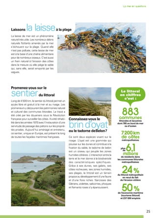 25
Connaissez-vous le
brin d’oyatou le tadorne de Belon ?
Ce sont deux espèces vivant sur le
rivage. L’oyat est une graminée qui
pousse sur les dunes et contribue à la
fixation du sable, le tadorne de belon
est un oiseau qui peuple les zones
humides côtières. L’interaction entre la
terre et la mer donne à la biodiversité
des caractéristiques spécifiques.
Grâce à ses dunes, ses galets, ses
côtes rocheuses, ses zones humides,
ses plages, le littoral est un terrain
propice au développement d’une faune
et d’une flore riches. Narcisses des
Glénans, violettes, salicornes, phoques
et flamants roses s’y épanouissent.
Promenez-vous sur le
sentierdu littoral
Long de 4 500 km, le sentier du littoral permet un
accès libre et gratuit à la mer et au rivage. Les
promeneurs y découvrent les patrimoines naturel
et culturel des communes littorales. Le tracé a
été créé par les douaniers sous la Révolution
française pour surveiller les côtes. Il a été réhabi-
lité dans les années 1970 avec l’instauration d’une
servitude de passage des piétons sur les proprié-
tés privées. Aujourd’hui aménagé et entretenu,
ce sentier, unique en Europe, est présent le long
de toutes les façades maritimes françaises.
Laissons la laisseà la plage
plus
de
La laisse de mer est un phénomène
naturel très utile. Les nombreux débris
naturels flottants amenés par la mer
s’échouent sur la plage. Quand elle
n’est pas polluée, cette laisse de mer
est à la base d’une chaîne alimentaire
pour de nombreux oiseaux. C’est aussi
un frein naturel à l’érosion des côtes
dans la mesure où elle piège le sable
qui, sans elle, serait emporté par les
vagues.
 