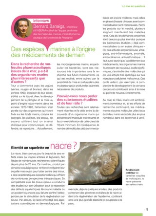 9
Revêtement
intérieur de
certaines coquilles
de mollusques, la
nacre présente
des reflets irisés.
Dans la recherche de mo-
lécules pharmaceutiques
issues de la mer, y-a-t-il
des organismes marins
plus intéressants que
d’autres ?
Tout a commencé avec les algues
(vertes, rouges et brunes), dans les
années 1960, en raison de leur acces-
sibilité sur le littoral. Avec le dévelop-
pement de la plongée et la mise au
point d’engins sous-marins dans les
années 1970-1980, l’attention s’est
portée sur des organismes qui vivent
fixés sur les fonds marins, comme les
éponges, les ascidies, les coraux, car
ceux-ci utilisent tout un arsenal
chimique pour communiquer, se dé-
fendre, se reproduire… Actuellement,
les microorganismes marins, en parti-
culier les bactéries, sont des res-
sources très importantes dans la re-
cherche des futurs médicaments, ce
qui est motivé, entre autres, par la
possibilité de mise en culture dans des
incubateurs pour produire les quantités
nécessaires de produits.
Pouvez-vous nous parler
des substances étudiées
et de leur rôle ?
Toutes ces recherches sont relative-
ment récentes et le délai entre la dé-
couverte d’un organisme marin qui
présente une molécule intéressante et
la commercialisation de celle-ci est de
10 ans minimum. En conséquence, le
nombre de molécules déjà commercia-
Des espèces marines à l'origine
des médicaments de demain
La nacre, bien connue pour la beauté de ses re-
flets irisés qui inspire artistes et bijoutiers, fait
l’objet de nombreuses recherches scientifiques
depuis plus de 20 ans. Ce matériau, produit par
certains coquillages pour renforcer et réparer leur
coquille mais aussi pour lutter contre des intrus,
a des caractéristiques exceptionnelles qui offrent
de nombreuses perspectives thérapeutiques. Sa
compatibilité avec les tissus osseux a conduit à
des études sur son utilisation pour la réparation
des défauts squelettiques liés à une maladie ou
un accident ou encore pour la lutte contre l’ostéo-
porose par la stimulation de la régénération os-
seuse. Par ailleurs, la nacre offre déjà des appli-
cations cosmétiques et dermatologiques. Par
Bientôt un squelette en nacre ?
lisées est encore modeste, mais celles
en phase d’essais cliniques avant com-
mercialisation sont nombreuses. Parmi
les produits sur le marché, plusieurs
soignent maintenant des maladies
rares. Cela dit, les domaines concernés
sont beaucoup plus étendus puisque
les substances étudiées – déjà com-
mercialisées ou en essais cliniques –
ont des activités anticancéreuse, antal-
gique, anti-inflammatoire, antivirale,
antibactérienne, anti-asthmatique… Il
faut aussi savoir que, parallèlement aux
médicaments, les organismes marins
fournissent de nouveaux outils biochi-
miques, c’est-à-dire des molécules qui
ont une activité très spécifique sur des
récepteurs cellulaires mal connus. Ces
outils aident, par exemple, à com-
prendre le développement de certains
cancers et contribuent ainsi à la mise
au point de nouveaux traitements.
Au final, le milieu marin est extrême-
ment prometteur et, si les efforts de
recherche continuent, les médica-
ments et autres molécules utiles issus
du milieu marin seront de plus en plus
nombreux dans les décennies à venir.
exemple, depuis quelques années, des produits
contenant des protéines extraites de la nacre ai-
dent à la régénération de l’épiderme, conférant
ainsi une plus grande élasticité et souplesse à la
peau.
Bernard Banaigs, chercheur
à l’INSERM et chef de l’équipe de chimie
des biomolécules marines d’intérêt pharma-
ceutique de l’université de Perpignan
 