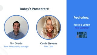 Today's Presenters:
Jessica Lohan
Peer Customer
Tim Glavin
Peer Relationship Manager
Carrie Stevens
Peer CSM
Featuring:
 