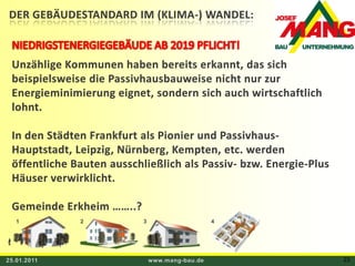 DER GEBÄUDESTANDARD IM (KLIMA-) WANDEL:NIEDRIGSTENERGIEGEBÄUDE AB 2019 PFLICHT!Unzählige Kommunen haben bereits erkannt, das sich beispielsweise die Passivhausbauweise nicht nur zur Energieminimierung eignet, sondern sich auch wirtschaftlich lohnt.In den Städten Frankfurt als Pionier und Passivhaus-Hauptstadt, Leipzig, Nürnberg, Kempten, etc. werden öffentliche Bauten ausschließlich als Passiv- bzw. Energie-Plus Häuser verwirklicht.Gemeinde Erkheim ……..?134225.01.2011www.mang-bau.de23