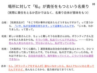 場所に対して「私」が責任をもつという名乗り
10
和南：新しいお客さんとか、ちょっと難しそうなお客さんはね。ボランティアさん泣
かせる人もあるからね。そういう時、私出ていくんですよねぇ。･･････だから
色んな人来られるから、守らないかんし、私が守っていかな。
和南：［大阪府は「さくら園の」］運営委員は自治会の会員がなるとかいう、ひとつ
の枠を作って持って来たんです。でもそれは、私の方で消していったのね。そ
れはできないと。自治会の会長で、毎年替わっていくと、こういうものは運営
できない。
白根：［校長先生が］「そこで何か事件が起きたらどうするんですか？」って言うか
ら、「いや、私が全部責任持ちます」って返事をしたんです。「じゃあ、わか
りました」って言って。
赤井：もし［ボランティアをする人が］誰もいなかったら、私1人でもいいわと思って
たんですけど、色んなところから、協力者が出てきてくれて、
（実際に責任をとるか否かではなく、名乗り自体が意味をもつ）
 