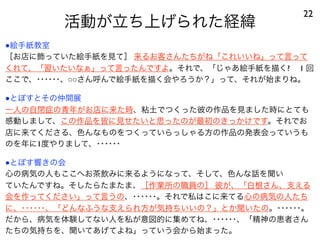 活動が立ち上げられた経緯
22
●絵手紙教室
［お店に飾っていた絵手紙を見て］ 来るお客さんたちがね「これいいね」って言って
くれて、「習いたいなぁ」って言ったんですよ。それで、「じゃあ絵手紙を描く?  1 回
ここで、･･････、○○さん呼んで絵手紙を描く会やろうか？」って、それが始まりね。
●とぽすとその仲間展
一人の自閉症の青年がお店に来た時、粘土でつくった彼の作品を見ました時にとても
感動しまして、この作品を皆に見せたいと思ったのが最初のきっかけです。それでお
店に来てくださる、色んなものをつくっていらっしゃる方の作品の発表会っていうも
のを年に1度やりまして、･･････
●とぽす響きの会
心の病気の人もここへお茶飲みに来るようになって、そして、色んな話を聞い
ていたんですね。そしたらたまたま、［作業所の職員の］ 彼が、「白根さん、支える
会を作ってください」って言うの、･･････。それで私はこに来てる心の病気の人たち
に、･･････、「どんなふうな支えられ方が気持ちいいの？」とか聞いたの。･･････。
だから、病気を体験してない人を私が意図的に集めてね、･･････、「精神の患者さん
たちの気持ちを、聞いてあげてよね」っていう会から始まった。
 