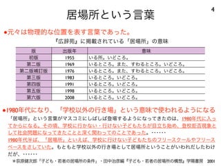 居場所という言葉
4
版 出版年 意味
初版 1955 いる所。いどころ。
第二版 1969 いるところ。また、すわるところ。いどころ。
第二版補訂版 1976 いるところ。また、すわるところ。いどころ。
第三版 1983 いるところ。いどころ。
第四版 1991 いるところ。いどころ。
第五版 1998 いるところ。いどころ。
第六版 2008 いるところ。いどころ。
●元々は物理的な位置を表す言葉であった。
『広辞苑』に掲載されている「居場所」の意味
●1980年代になり、「学校以外の行き場」という意味で使われるようになる
「居場所」という言葉がマスコミにしばしば登場するようになってきたのは、1980年代に入っ
てからになる。その頃、学校に行かない・行けない子どもたちが目立ち始め、登校拒否現象と
して社会問題になってきたことと深く関わってのことであった。･･････
1980年代半ば、「居場所」といえば、学校に行けない子どもたちのフリースクールやフリース
ペースをさしていた。もともと学校以外の行き場として居場所ということがいわれだしたわけ
だが、･･････
 ＊荻原健次郎「子ども・若者の居場所の条件」・田中治彦編『子ども・若者の居場所の構想』学陽書房 2001
 