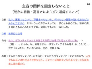 主客の関係を固定しないこと
60
（既存の組織・肩書きによらずに運営すること）
白根：私は、医者でもないし、保健士でもないし、何でもない普通の街に住むおばさ
んなんですけど、そういう人の方がかえってね、子どもも安心だし、精神の病
を病む人も安心みたいですね。何話してもいい、みたいな。
白根：無彩色な立場
和南：私は、ボランティアさんとお客さんは同じ立場だと思ってるわけね。･･･
（略）･･･。だから、私、お客さまも、ボランティアさんも等々（とうとう）、
対々（たいたい）だと思うのね、あの、立場上ね。
赤井：来る方もボランティア、お手伝いしてる方もボランティアっていう感じで、いつ
でもお互いは何の上下の差もなく、フラットな関係でいられるっていうのがあ
そこは一番いい。
 