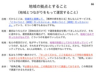 地域の拠点とすること
66
（地域とつながりをもって運営すること）
白根： だからここは、保健所と提携して、［精神の病を抱える］色んな人にサービスを、
「こういうとこ［病院］行ったらいいよ、ああいうとこ［病院］行ったらいい
よ」っていう、そういう場でもあるんですね。
和南： 最初はうちらだけ［団地住民だけで］で運営委員会を開いてましたんだけど、それ
に途中から、運営委員会を幅広げて、地域の3役さん入ってもらって、地域ぐるみで
作ったわけなんです、こういうのを進めていったんです。
和南： 私らの信念だけど、私がやってるのは、地域の財産としてかたちを作っていくって
いうのが、私らが、それをまずやらないけんっていうことに。だから、今日のボラ
ンティアさんも、お1人は地域の、こっちの団地やないですわ。
赤井： 私はもう学校へ働きかけて、「せっかくだから、ここを起点として学校の情報を外
に出すことを考えたらどうですか？」っていうふうに言って。で、「街角」にはい
つでも学校の関係の、学校通信が貼られたり。
赤井： 「街角広場」で必要なものは、この商店街ですべて調達しております。この商店街
で調達できるものは全て。
 