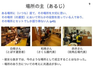 場所の主（あるじ）
9
ある場所に（いつも）居て、その場所を大切に思い、
その場所（の運営）において何らかの役割を担っている人であり、
その場所とセットでしか語り得ない人 (p45)
赤井さん
（街角広場代表）
和南さん
（さくら園代表）
・彼女ら抜きでは、今のような場所として成立することはなかった。
・場所のあり方についての考えに共通点が多い。
白根さん
（とぽす運営者）
 