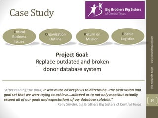 Case Study
      Critical
                          Organization             Return on                Doable
     Business




                                                                                           www.nonprofitbuyer.com
                            Outline                 Mission                Logistics
      Issues


                            Project Goal:
                    Replace outdated and broken
                      donor database system




                                                                                           The Nonprofit Buyer
“After reading the book, it was much easier for us to determine…the clear vision and
goal set that we were trying to achieve….allowed us to not only meet but actually
exceed all of our goals and expectations of our database solution.”                        19
                                 Kelly Snyder, Big Brothers Big Sisters of Central Texas
 