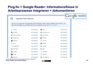 Ping.fm + Google Reader: Informationsflüsse in
    Arbeitsprozesse integrieren + dokumentieren




Quellen: http://ping.fm...