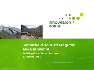Samarbeid som strategi for auka lønsemd Avdelingsleder Audun Pettersen 3. februar 2011 Foto:  C H/Innovation Norway 