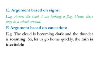 E. Argument based on signs:
E.g. Across the road, I am looking a flag. Hence, there
may be a school around.
F. Argument based on causation:
E.g. The cloud is becoming dark and the thunder
is roaming. So, let us go home quickly, the rain is
inevitable
 