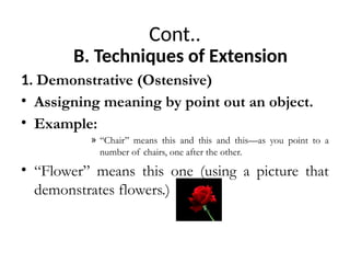 Cont..
B. Techniques of Extension
1. Demonstrative (Ostensive)
• Assigning meaning by point out an object.
• Example:
» ‘‘Chair’’ means this and this and this—as you point to a
number of chairs, one after the other.
• “Flower” means this one (using a picture that
demonstrates flowers.)
 