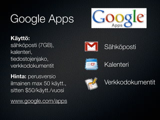 Google Apps
Käyttö:
sähköposti (7GB),         Sähköposti
kalenteri,
tiedostojenjako,
verkkodokumentit          Kalenteri
Hinta: perusversio
ilmainen max 50 käytt.,   Verkkodokumentit
sitten $50/käytt./vuosi
www.google.com/apps
 
