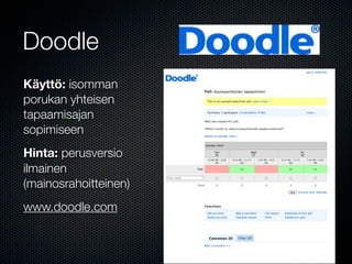 Doodle
Käyttö: isomman
porukan yhteisen
tapaamisajan
sopimiseen
Hinta: perusversio
ilmainen
(mainosrahoitteinen)
www.doodle.com
 