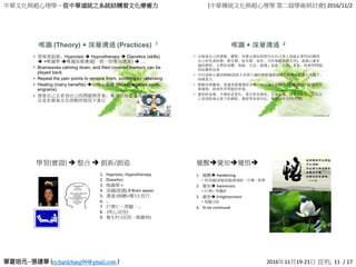中華文化與超心理學－從中華道統之系統結構看文化療癒力 [中華傳統文化與超心理學 第二屆學術研討會] 2016/11/2
richardchang99@gmail.com 2016年11月19-21日 昆明; 11 / 17
唯識 (Theory) + 深層溝通 (Practices) 1
• 發現到創新：Hypnosis  Hypnotherapy  Dianetics (skills)
 +唯識學 唯識深層溝通(一對一的雙向溝通)  …
• Brainwaves calming down, and then covered memory can be
played back
• Repeat the pain points to remove them, soothing by cleansing
• Healing (many benefits) 心病心藥醫 (those negative spots,
engrams)
• 個案自己去看到自己的問題與答案，無須任何建議與評估，而
且是在個案完全清醒的情況下進行
唯識 + 深層溝通 2
• 由個案自己的視覺、聽覺、直覺去感知到發生在自己身上的過去事件(回溯到
自己的兒童時期、嬰兒期、胎兒期、前世、乃至無數個過去世)，透過心靈穿
越的歷程，人們的身體、情緒、生活、情感、家庭、人際、事業、財務等問題，
因此獲得改善
• 可以清除心靈的障礙(清除人的第八識阿賴耶識裡面所有障礙或影響人的種子、
因緣業力。
• 瞭解因果輪迴：透過深層溝通的引導，可以讓人回溯過去的軌跡當中種種的因
果關係，找到所有問題的答案。
• 覺悟即是佛，不覺即是眾生：眾生皆有佛性，只是染穢。引導個案自己看見自
己並消除過去留下的痛點、傷痕等負面印記，恢復自性光明(光體) 。
學習(實證)  整合  創新/創造
1. Hypnosis, Hypnotherapy
2. Dianetics
3. 唯識學 +
4. 深層(意識) θ Brain waves
5. 溝通 (傾聽+導引) 技巧
6. …
7. 打禪七、閉關、…
8. (明心見性)
9. 養生村 (長照－類叢林)
覺醒覺知覺悟
1. 覺醒 Awakening
• 與深層(深層意識)溝通師，引導、教學
2. 覺知 Awareness
• 打禪七等團修
3. 覺悟 Enlightenment
• 閉關自修
4. To be continued
 