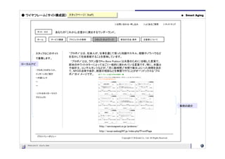 ● ワイヤフレーム（サイト構成図） スタッフページ（ Staff)
                  スタッフページ（ Staff)                                                                                        ●   Smart Aging


                                                            ＞お問い合わせ・申し込み                  ＞よくあるご質問             ＞サイトマップ


           サイト ロゴ        あなたの「これから」を豊かに演出するワンダーランド。

           ホーム         サービス概要   プロジェクトの事例    スタッフ・ネットワーク         参加の方法・条件                 主催者について




          スタッフはこのサイト            “プロボノ”とは、社会人が、仕事を通じて培った知識やスキル、経験やノウハウなど
                                を活かして社会貢献することを意味しています。
          で募集します。
                                 “プロボノ”とは、ラテン語でPro Bono Publico（公共善のために）を略した言葉で、
ローカルナビ                          欧米のホワイトカラーにとってはごく一般的に使われている言葉です。特に、弁護士
                                や会計士、コンサルタン トなどが、「月に数時間」「年間で数日」といった時間を決め
          ・プロボノやボラバイト、          て、NPOの法律や会計、経営の相談などを無償で行うことがオーソドックスな“プロ
          インターンのご紹介             ボノ”のイ メージです。
          →外部リンク
          →
          →


          ・ソフトのタイガーマスク
          プロジェクト



                                                                                                                         事例の紹介




                                               http://servicegrant.or.jp/probono/
                                               http://ecopi.websig247.jp/index.php?FrontPage
           プライバシーポリシー
                                                                   Copyright © M.Koide Co., Ltd. All Rights Reserved


     PROJECT OUTLINE
14
14
 