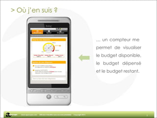 > Où j’en suis ? …  un compteur me  permet de visualiser le budget disponible, le budget dépensé et le budget restant. 