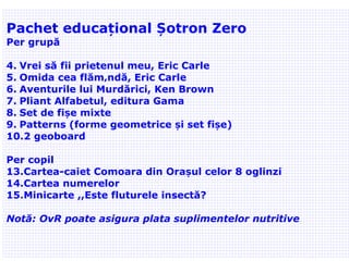 02/09/11 Pachet educațional Șotron Zero P er grupă Vrei să fii prietenul meu, Eric Carle Omida cea flămândă, Eric Carle Aventurile lui Murdărici, Ken Brown P liant Alfabetul, editura Gama Set de fișe mixte Patterns (forme geometrice și set fișe) 2 geoboard Per copil C artea-caiet Comoara din Orașul celor 8 oglinzi C artea numerelor M inicarte ,,Este fluturele insectă? Notă: OvR poate asigura plata suplimentelor nutritive  
