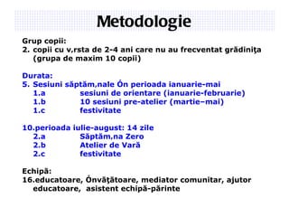 Metodologie Grup copii:  copii cu vârsta de 2-4 ani care nu au frecventat grădiniţa (grupa de maxim 1 0  copii) Durata:  Sesiuni săptămânale în perioada ianuarie-mai  1.a sesiuni de orientare (ianuarie-februarie) 1.b 10 sesiuni pre-atelier (martie–mai) 1.c festivitate perioada iulie-august: 14 zile 2.a Săptămâna Zero  2.b Atelier de Vară 2.c festivitate Echipă: educatoare, învăţătoare, mediator comunitar, ajutor educatoare,  asistent echipă-părinte  