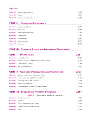 vi | Contents
Chapter 7 Seating Arrangements 1.204
Chapter 8 Puzzles 1.212
Chapter 9 Clocks and Calenders 1.225
PART I1 Engineering Mathematics
Chapter 1 Mathematical Logic 2.237
Chapter 2 Probability 2.250
Chapter 3 Set Theory and Algebra 2.266
Chapter 4 Combinatorics 2.287
Chapter 5 Graph Theory 2.299
Chapter 6 Linear Algebra 2.317
Chapter 8 Calculus 2.333
PART III Computer Science and Information Technology
UNIT 1 Digital Logic 3.351
Chapter 1 Number Systems 3.353
Chapter 2 Boolean Algebra and Minimization of Functions 3.364
Chapter 3 Combinational Circuits 3.384
Chapter 4 Sequential Circuits 3.405
UNIT II Computer Organization and Architecture 3.433
Chapter 1 Machine Instructions, Addressing Modes 3.435
Chapter 2 ALU and Data Path, CPU Control Design 3.448
Chapter 3 Memory Interface, I/O Interface 3.464
Chapter 4 Instruction Pipelining 3.478
Chapter 5 Cache and Main Memory, Secondary Storage 3.490
UNIT III  Programming and Data Structures 3.507
PART A  Programming and Data Structures
Chapter 1 Programming in C 3.509
Chapter 2 Functions 3.520
Chapter 3 Arrays, Pointers and Structures 3.535
Chapter 4 Linked Lists, Stacks and Queues 3.551
Chapter 5 Trees 3.564
 
