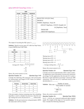 xxii | GATE 2017 Solved Paper CS: Set – 1
EMP
( )
( )
( )
( )
SELECTIVE AVG EC.Num
FROM EC
WHERE DeptName, Num IN
(SELECT DeptName, COUNT EmpId AS
EC DeptName, Num
FROM EMP
GROUP BY DeptName)
EmpId EmpName DeptName
1 XYA AA
2 XYB AA
3 XYC AA
4 XYD AA
5 XYE AB
6 XYF AB
7 XYG AB
8 XYH AC
9 XYI AC
10 XYJ AC
11 XYK AD
12 XYL AD
13 XYM AE
The output of executing the SQL query is ______.
Solution: Based on given query EC table has Dept Name,
Count (EMPID) from EMP Table.
EC
Dept Name Num
AA 4
AB 3
AC 3
AD 2
AE 1
Average (EC. Num)
4 3 3 2 1
5
+ + + +
=
13
5
=
= 2.6
Hence, the correct answer is (2.6).
Question Number: 24 Question Type: NAT
Consider the following CPU processes with arrival times
(in milliseconds) and length of CPU bursts (in millisec-
onds) as given below :
Process Arrival time Burst time
P1 0 7
P2 3 3
P3 5 5
P4 6 2
If the pre-emptive shortest remaining time first scheduling
algorithm is used to schedule the processes, then the aver-
age waiting time across all processes is milliseconds.
Solution: For the given processes using preemptive SRTF,
the Gantt chart will be as below:
P1
P3 :5
P4 : 2
P1 : 4
P3 :5
P1 : 4
0 2 4 5 6 7 8 10 11 12 13
P1 P1 P1 P1 P1 P1 P3
P2 P2 P2 P4 P4
1 3 9
P1 :4
P2 : 3
P2 :1
P3 : 5
Waiting time of P1 = 5
Waiting time of P2 = 0
Waiting time of P3 = 12 − 5 = 7
Waiting time of P4 = 0
∴ Average waiting time 5 7
3
4
+
= =
Hence, the correct answer is (3).
Question Number: 25 Question Type: NAT
Consider a two-level cache hierarchy with L1 and L2 caches.
An application incurs 1.4 memory accesses per instruction
on average. For this application, the miss rate of L1 cache is
0.1; the L2 cache experiences on average 7 misses per 1000
instructions. The miss rate of L2 expressed correct to two
decimal places is 		 .
Solution:
Number of misses
Miss rate
Total number of accesses
=
7
1000 1.4
=
×
= 0.05
Hence, the correct answer is (0.05).
Question Number: 26 Question Type: MCQ
Let G = (V,E) be any connected undirected edge-weighted
graph. The weights of the edges in E are positive and dis-
tinct. Consider the following statements:
 