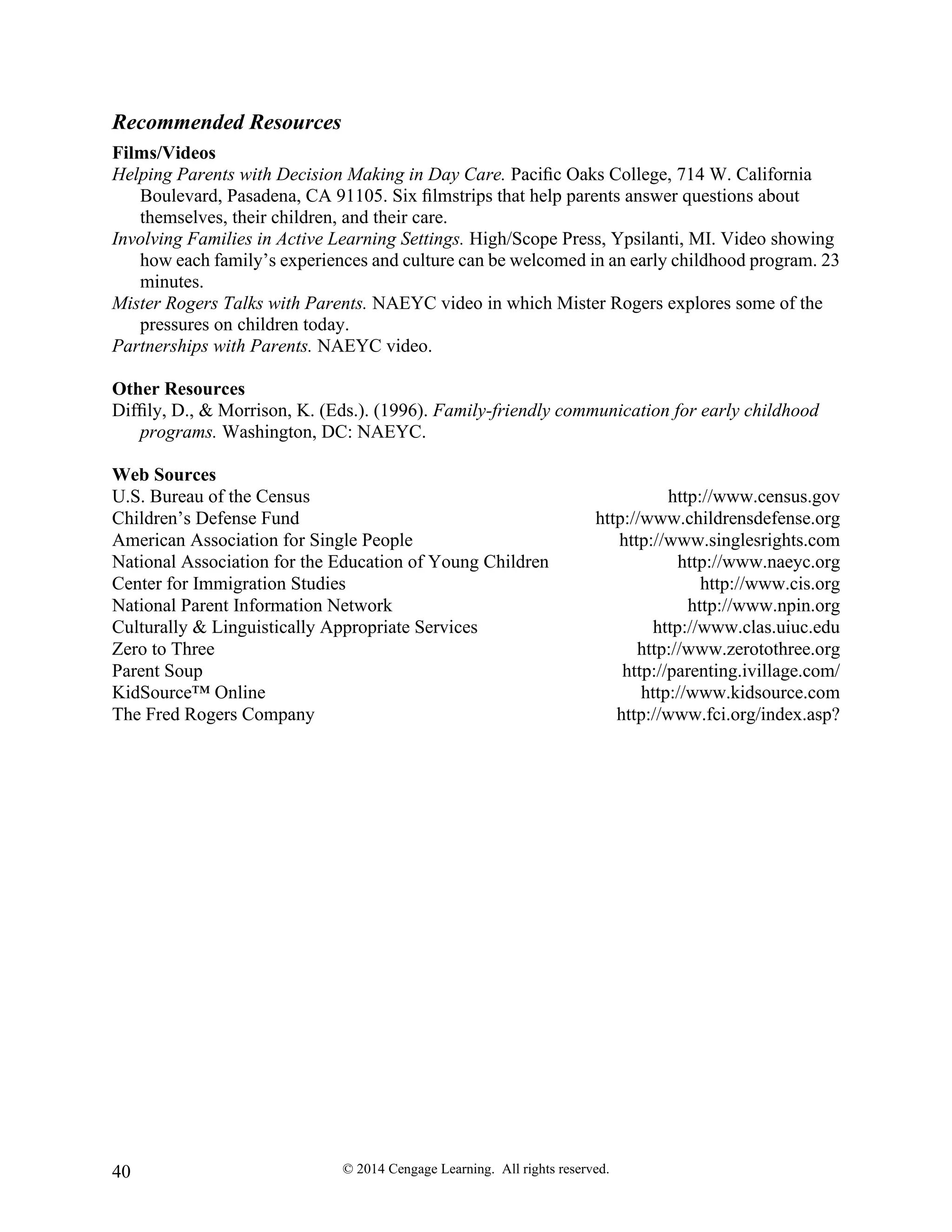 © 2014 Cengage Learning. All rights reserved.
40
Recommended Resources
Films/Videos
Helping Parents with Decision Making in Day Care. Paciﬁc Oaks College, 714 W. California
Boulevard, Pasadena, CA 91105. Six ﬁlmstrips that help parents answer questions about
themselves, their children, and their care.
Involving Families in Active Learning Settings. High/Scope Press, Ypsilanti, MI. Video showing
how each family’s experiences and culture can be welcomed in an early childhood program. 23
minutes.
Mister Rogers Talks with Parents. NAEYC video in which Mister Rogers explores some of the
pressures on children today.
Partnerships with Parents. NAEYC video.
Other Resources
Difﬁly, D., & Morrison, K. (Eds.). (1996). Family-friendly communication for early childhood
programs. Washington, DC: NAEYC.
Web Sources
U.S. Bureau of the Census http://www.census.gov
Children’s Defense Fund http://www.childrensdefense.org
American Association for Single People http://www.singlesrights.com
National Association for the Education of Young Children http://www.naeyc.org
Center for Immigration Studies http://www.cis.org
National Parent Information Network http://www.npin.org
Culturally & Linguistically Appropriate Services http://www.clas.uiuc.edu
Zero to Three http://www.zerotothree.org
Parent Soup http://parenting.ivillage.com/
KidSource™ Online http://www.kidsource.com
The Fred Rogers Company http://www.fci.org/index.asp?
 