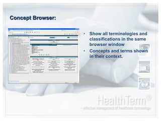 Concept Browser:Show all terminologies and classifications in the same browser windowConcepts and terms shown in their context.