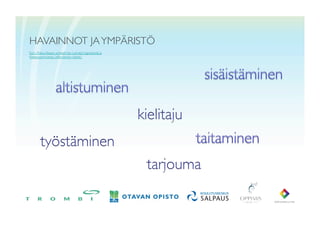 HAVAINNOT JA YMPÄRISTÖ	

Esim. Riikka Alasen artikkeli Van Lieristä, Vygotskystä ja 	

Kielenoppimisesta (affordanssin käsite) 	

 