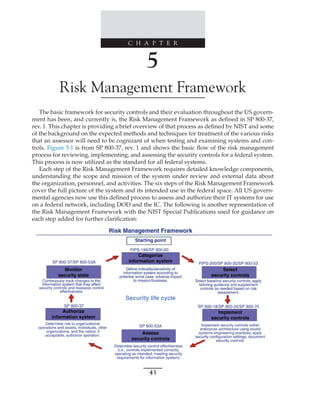 C H A P T E R
43
﻿
﻿
﻿
5
Risk Management Framework
The basic framework for security controls and their evaluation throughout the US govern-
ment has been, and currently is, the Risk Management Framework as defined in SP 800-37,
rev. 1. This chapter is providing a brief overview of that process as defined by NIST and some
of the background on the expected methods and techniques for treatment of the various risks
that an assessor will need to be cognizant of when testing and examining systems and con-
trols. Figure 5.1 is from SP 800-37, rev. 1 and shows the basic flow of the risk management
process for reviewing, implementing, and assessing the security controls for a federal system.
This process is now utilized as the standard for all federal systems.
Each step of the Risk Management Framework requires detailed knowledge components,
understanding the scope and mission of the system under review and external data about
the organization, personnel, and activities. The six steps of the Risk Management Framework
cover the full picture of the system and its intended use in the federal space. All US govern-
mental agencies now use this defined process to assess and authorize their IT systems for use
on a federal network, including DOD and the IC. The following is another representation of
the Risk Management Framework with the NIST Special Publications used for guidance on
each step added for further clarification:
 