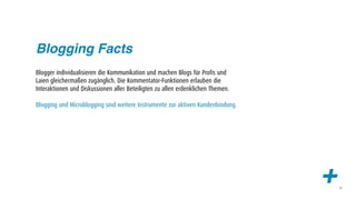 Blogging Facts
Blogger individualisieren die Kommunikation und machen Blogs für Profis und
Laien gleichermaßen zugänglich. Die Kommentator-Funktionen erlauben die
Interaktionen und Diskussionen aller Beteiligten zu allen erdenklichen Themen.

Blogging und Microblogging sind weitere Instrumente zur aktiven Kundenbindung.




                                                                                 +   42
 