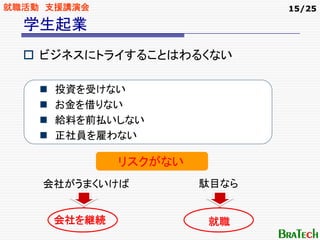 就職活動 支援講演会                   15/25

  学生起業
    ビジネスにトライすることはわるくない

     投資を受けない
     お金を借りない
     給料を前払いしない
     正社員を雇わない

             リスクがない
    会社がうまくいけば         駄目なら


     会社を継続            就職
 