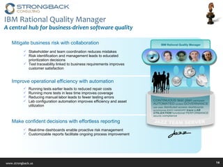 Stakeholder and team coordination reduces mistakes Risk identification and management leads to educated prioritization decisions Test traceability linked to business requirements improves customer satisfaction Running tests earlier leads to reduced repair costs Running more tests in less time improves coverage Reducing manual labor leads to fewer testing errors Lab configuration automation improves efficiency and asset utilization Real-time dashboards enable proactive risk management Customizable reports facilitate ongoing process improvement IBM Rational Quality Manager A central hub for business-driven software quality Mitigate business risk with collaboration Improve operational efficiency with automation Make confident decisions with effortless reporting  IBM Rational Quality Manager 