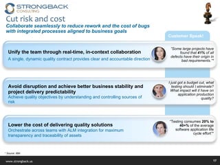 Customer Speak! Cut risk and cost  Collaborate seamlessly to reduce rework and the cost of bugs with integrated processes aligned to business goals Lower the cost of delivering quality solutions Orchestrate across teams with ALM integration for maximum transparency and traceability of assets Unify the team through real-time, in-context collaboration A single, dynamic quality contract provides clear and accountable direction * Source: IBM “ Testing consumes  20% to 40+%  of the average software application life cycle effort”* I just got a budget cut, what testing should I eliminate? What impact will it have on application production quality? “ Some large projects have found that  41%  of all defects have their origin in bad requirements.”* Avoid disruption and achieve better business stability and project delivery predictability Achieve quality objectives by understanding and controlling sources of risk 