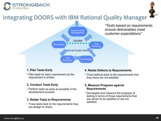 Integrating DOORS with IBM Rational Quality Manager “ Tests based on requirements ensure deliverables meet customer expectations” 1. Plan Tests Early Plan tests for each requirement as the requirement is written. 2. Conduct Tests Early Perform tests as early as possible in the development process. 3. Relate Tests to Requirements Trace tests back to the requirements they are design to check. 4. Relate Defects to Requirements Trace defects back to the requirements that they show are not satisfied. 5. Measure Progress against Requirements Set targets and measure the progress of testing in terms of those requirements that are shown to be satisfied or are not satisfied. DOORS Rational Quality Manager Requirements Management Test Status Test Planning Test Execution Test Design 