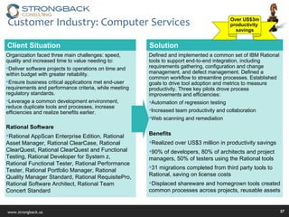 Customer Industry: Computer Services Solution Client Situation Defined and implemented a common set of IBM Rational tools to support end-to-end integration, including requirements gathering, configuration and change management, and defect management. Defined a common workflow to streamline processes. Established goals to drive tool adoption and metrics to measure productivity. Three key pilots drove process improvements and efficiencies: Automation of regression testing Increased team productivity and collaboration Web scanning and remediation Benefits Realized over US$3 million in productivity savings 90% of developers, 80% of architects and project managers, 50% of testers using the Rational tools 31 migrations completed from third party tools to Rational, saving on license costs Displaced shareware and homegrown tools created common processes across projects, reusable assets Organization faced three main challenges: speed, quality and increased time to value needing to: Deliver software projects to operations on time and within budget with greater reliability. Ensure business critical applications met end-user requirements and performance criteria, while meeting regulatory standards. Leverage a common development environment, reduce duplicate tools and processes, increase efficiencies and realize benefits earlier. Rational Software Rational AppScan Enterprise Edition, Rational Asset Manager, Rational ClearCase, Rational ClearQuest, Rational ClearQuest and Functional Testing, Rational Developer for System z, Rational Functional Tester, Rational Performance Tester, Rational Portfolio Manager, Rational Quality Manager Standard, Rational RequisitePro, Rational Software Architect, Rational Team Concert Standard Over US$3m productivity  savings 