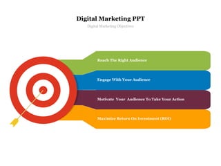Reach The Right Audience
Engage With Your Audience
Motivate Your Audience To Take Your Action
Maximize Return On Investment (ROI)
Digital Marketing PPT
Digital Marketing Objectives
 