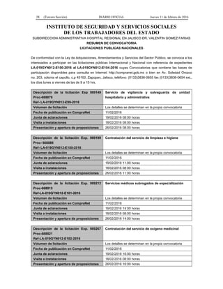28 (Tercera Sección) DIARIO OFICIAL Jueves 11 de febrero de 2016
INSTITUTO DE SEGURIDAD Y SERVICIOS SOCIALES
DE LOS TRABAJADORES DEL ESTADO
SUBDIRECCION ADMINISTRATIVA HOSPITAL REGIONAL EN JALISCO DR. VALENTIN GOMEZ FARIAS
RESUMEN DE CONVOCATORIA
LICITACIONES PUBLICAS NACIONALES
De conformidad con la Ley de Adquisiciones, Arrendamientos y Servicios del Sector Público, se convoca a los
interesados a participar en las licitaciones públicas Internacional y Nacional con referencia de expedientes
LA-019GYN012-E100-2016 al LA-019GYN012-E104-2016 cuyas Convocatorias que contiene las bases de
participación disponibles para consulta en Internet: http://compranet.gob.mx o bien en Av. Soledad Orozco
no. 203, colonia el capullo, c.p 45100, Zapopan, Jalisco, teléfono: (0133)3836-0655 fax (0133)3836-0654 ext.,
los días lunes a viernes de las de 9 a 15 hrs.
Descripción de la licitación Exp 989149
Proc-668876
Ref- LA-019GYN012-E99-2016
Servicio de vigilancia y salvaguarda de unidad
hospitalaria y administrativa
Volumen de licitación Los detalles se determinan en la propia convocatoria
Fecha de publicación en CompraNet 11/02/2016
Junta de aclaraciones 19/02/2016 08:00 horas
Visita a instalaciones 18/02/2016 08:00 horas
Presentación y apertura de proposiciones 26/02/2016 08:00 horas
Descripción de la licitación Exp. 989199
Proc- 668886
Ref- LA-019GYN012-E100-2016
Contratación del servicio de limpieza e higiene
Volumen de licitación Los detalles se determinan en la propia convocatoria
Fecha de publicación en CompraNet 11/02/2016
Junta de aclaraciones 19/02/2016 11:00 horas
Visita a instalaciones 18/02/2016 08:00 horas
Presentación y apertura de proposiciones 26/02/2016 11:00 horas
Descripción de la licitación Exp. 989212
Proc-668915
Ref-LA-019GYN012-E101-2016
Servicios médicos subrogados de especialización
Volumen de licitación Los detalles se determinan en la propia convocatoria
Fecha de publicación en CompraNet 11/02/2016
Junta de aclaraciones 19/02/2016 14:00 horas
Visita a instalaciones 18/02/2016 08:00 horas
Presentación y apertura de proposiciones 26/02/2016 14:00 horas
Descripción de la licitación Exp. 989267
Proc-668921
Ref-LA-019GYN012-E102-2016
Contratación del servicio de oxígeno medicinal
Volumen de licitación Los detalles se determinan en la propia convocatoria
Fecha de publicación en CompraNet 11/02/2016
Junta de aclaraciones 19/02/2016 16:00 horas
Visita a instalaciones 18/02/2016 08:00 horas
Presentación y apertura de proposiciones 26/02/2016 16:00 horas
 