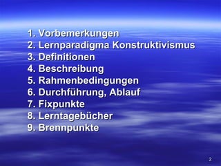 1. Vorbemerkungen
2. Lernparadigma Konstruktivismus
3. Definitionen
4. Beschreibung
5. Rahmenbedingungen
6. Durchführung, Ablauf
7. Fixpunkte
8. Lerntagebücher
9. Brennpunkte


                                    2
 