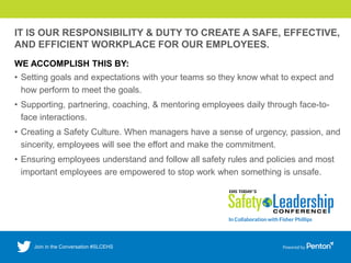 IT IS OUR RESPONSIBILITY & DUTY TO CREATE A SAFE, EFFECTIVE,
AND EFFICIENT WORKPLACE FOR OUR EMPLOYEES.
WE ACCOMPLISH THIS BY:
• Setting goals and expectations with your teams so they know what to expect and
how perform to meet the goals.
• Supporting, partnering, coaching, & mentoring employees daily through face-to-
face interactions.
• Creating a Safety Culture. When managers have a sense of urgency, passion, and
sincerity, employees will see the effort and make the commitment.
• Ensuring employees understand and follow all safety rules and policies and most
important employees are empowered to stop work when something is unsafe.
 