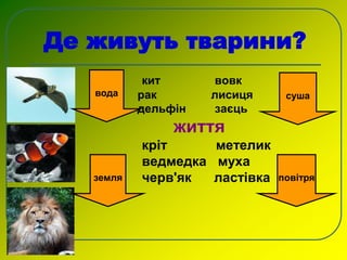 Де живуть тварини?
кит вовк
рак лисиця
дельфін заєць
життя
кріт метелик
ведмедка муха
черв'як ластівка
вода
земля
суша
повітря
 