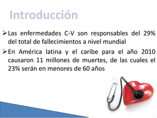 Introducción
Las enfermedades C-V son responsables del 29%
del total de fallecimientos a nivel mundial
En América latina y el caribe para el año 2010
causaron 11 millones de muertes, de las cuales el
23% serán en menores de 60 años
 