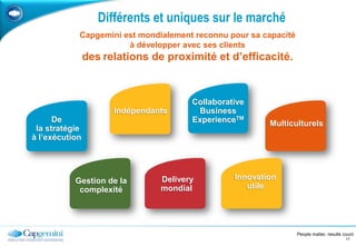 Animés d’une culture forte au service du clientUne histoire entrepreneuriale de plus de 40 ans  2010 Acquisition au Brésil d’ABM Praxis multi-culturelsnos valeurs 2004changement de nom et de logo “Collaborative Business ExperienceTM.”2002Le Groupe se structure autour de 4 disciplines : Consulting, Technology,Outsourcing et des  services professionnels locaux.passionnéshonnêtetéaudace confiancelibertésolidaritésimplicitéplaisird’innovationcollaboratifs1998Cap Gemini est intégré au CAC 40.1991Création de Gemini Consulting, suite à la fusion de cinq cabinets de Consulting.2000's1990's1973Sogeti, Gemini Computer Systems et CAP fusionnent pour donner naissance à Cap Gemini Sogeti.1980's1967SoGETI fondé par Serge à Grenoble le 1e Octobre.1960's10