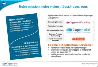 Notre mission, notre vision : réussir avec vousApplication Services est un des métiers du groupe Capgemini :Le rôle d’Application Services : renforcer le business par la technologie